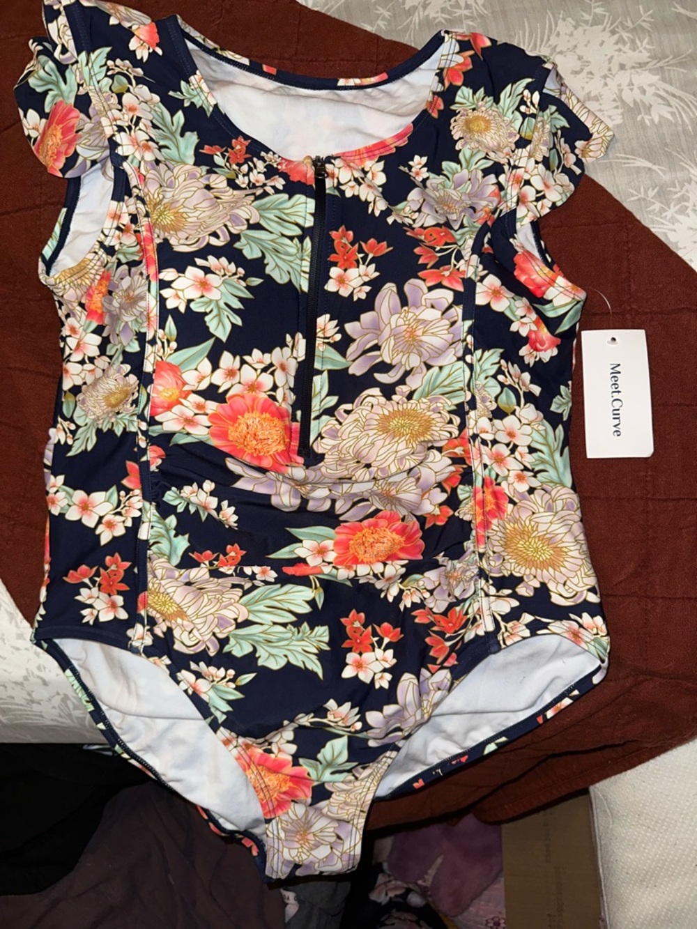 MeetCurve Navy Floral One-Piece Swim Suit with Front Zip